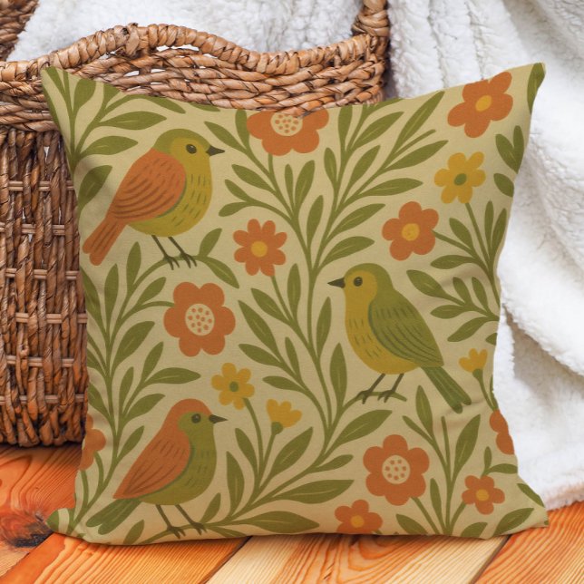 Retro  Earth Tone Olijf Sinaasappel Gold Birds Kussen (Retro vintage orange, olive green, and gold birds and leaves folk art-style pillow)