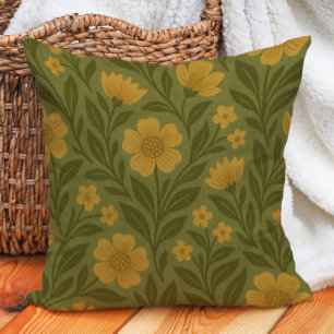 Retro  Earth Tone Olive Gold Yellow Flowers Kussen