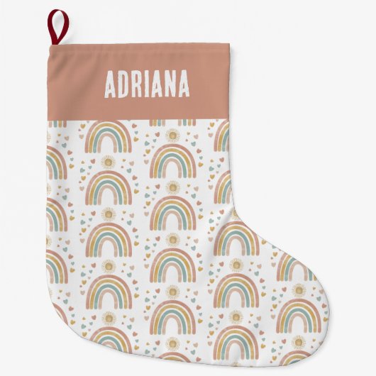 Retro Earthy Colors Waterverf Rainbow Sun Naam Grote Kerstsok (Voorkant)