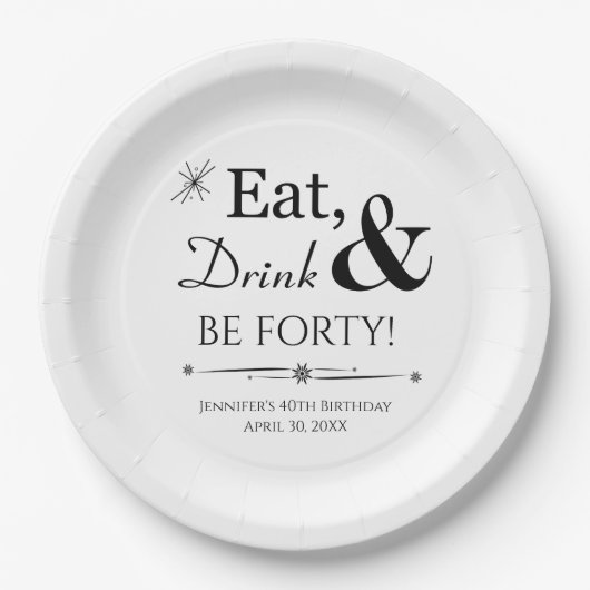 Retro Eat Drink & Be 40th Verjaardag Papieren Bordje (Voorkant)