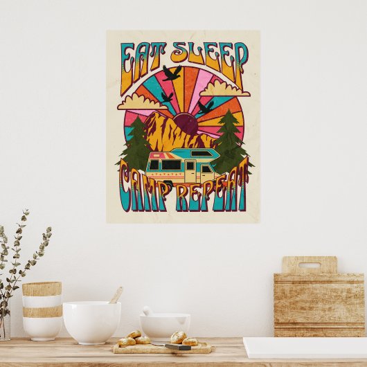 Retro Eat Sleep Camp Herhalen Poster (Keuken)