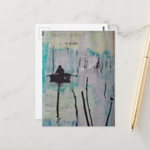 Retro Een boot en een vogel Zwart Wit Blauw  Briefkaart