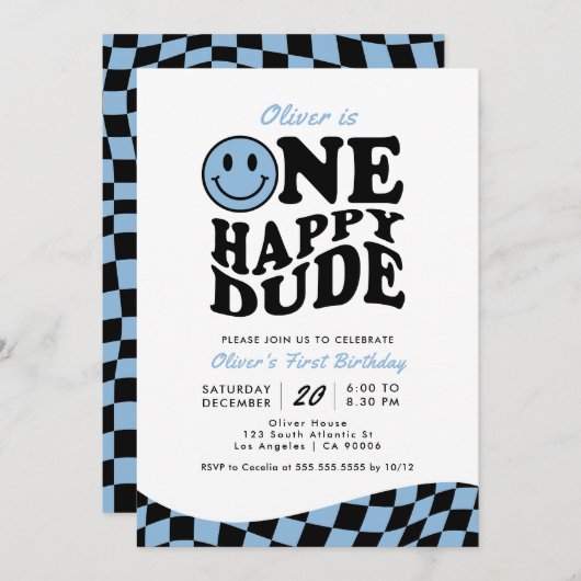 Retro Een Gelukkig Dude Blauw Glimlach Gezicht 1e  Kaart (Voorkant / Achterkant)