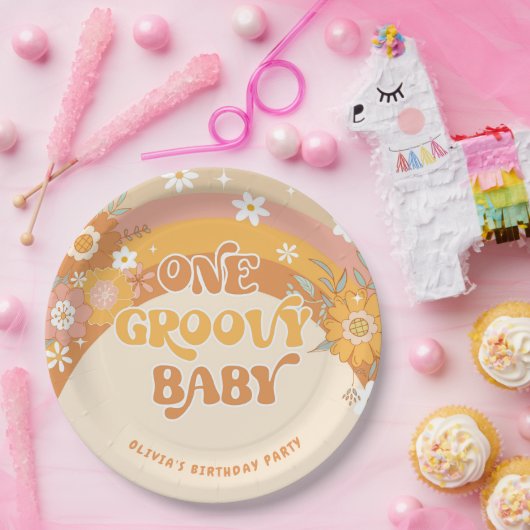 Retro één groovy baby verjaardag papieren bordje (Feest)