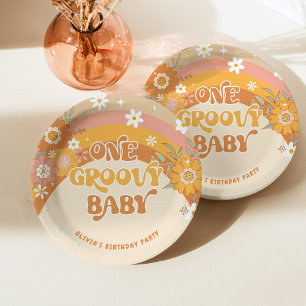 Retro één groovy baby verjaardag papieren bordje