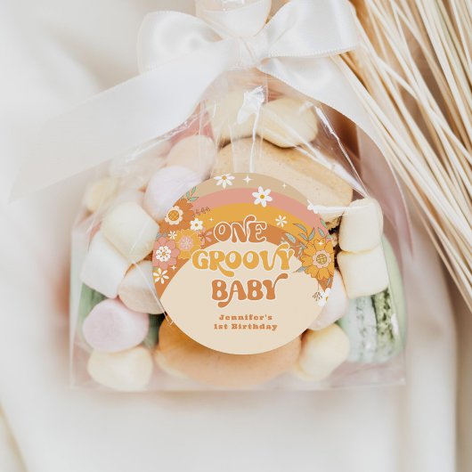 Retro één groovy baby verjaardag ronde sticker