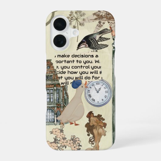 Retro eend, klok & bloemsierkunst ontwerp iPhone 16 hoesje (Achterkant)