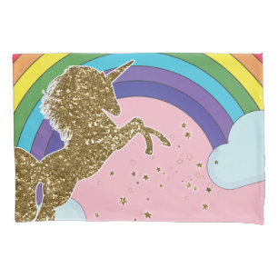 Retro Eenhoorn Regenboog & Gouden Sterren Kussensloop