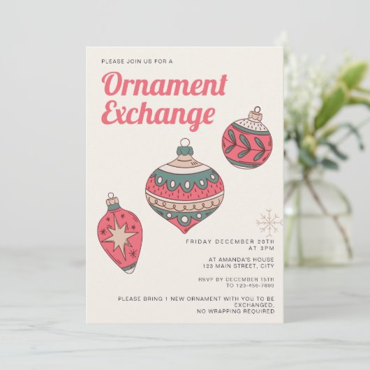 Retro Eenvoudige Kerst Ornament Exchange Party Kaart (Staand voorkant)