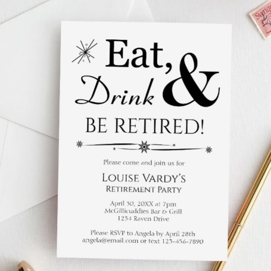 Retro Eet, Drink & Stop met Werken Pensioenfeest Kaart