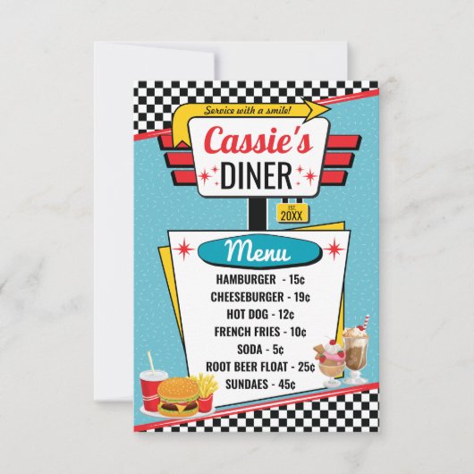 Retro Eetcafé Jaren 50 Menu Kaart Turkoois, Geel & (Voorkant)