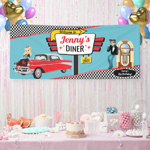 Retro Eettafel Auto Verjaardagsfeest Sock Hop-fees Spandoek