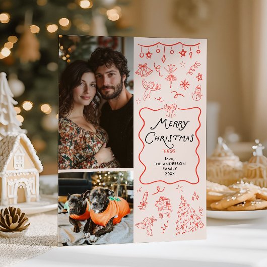 Retro Eigenzinnige Rode Hand Getrokken Vrolijke Ke Feestdagenkaart