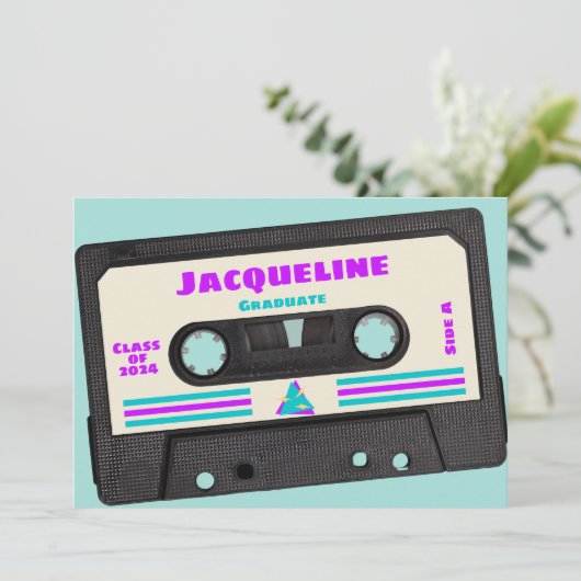Retro Eighties Paarse Mix Tape 2025 Afstuderen Aankondiging (Staand voorkant)