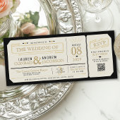 Retro Elegant Black & Gold Vintage Ticket Wedding Kaart