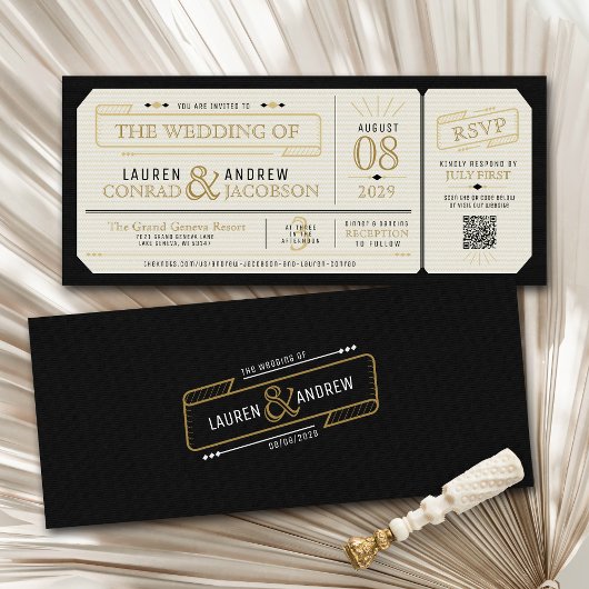 Retro Elegant Black & Gold Vintage Ticket Wedding Kaart
