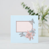 Retro  elegant blauw lijst bloemen parels kaart (Staand voorkant)