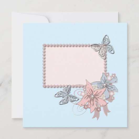 Retro  elegant blauw lijst bloemen parels kaart (Voorkant)