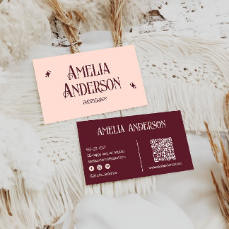Retro Elegant Blush & Burgundy Qr Code Visitekaartje
