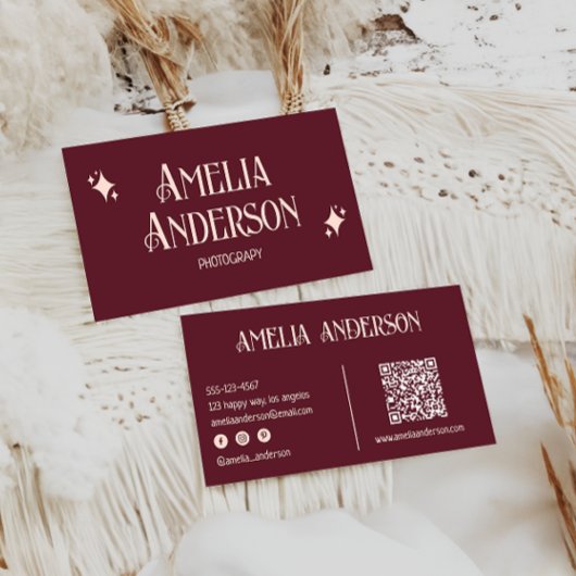 Retro Elegant Blush & Burgundy Qr Code Visitekaartje