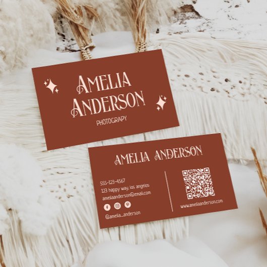 Retro Elegant Blush & Terracota Qr Code Visitekaartje