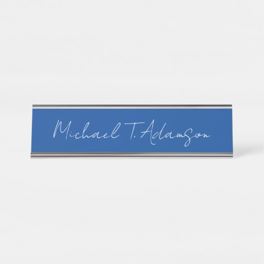 Retro Elegant Eenvoudige Deep Blue Kalligrafie Bureau Naambordje (Voorkant)