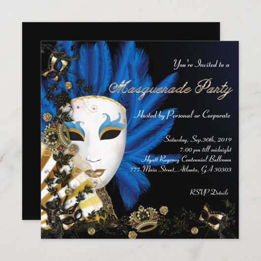 Retro Elegant Masquerade Party nodigt uit Kaart (Voorkant / Achterkant)