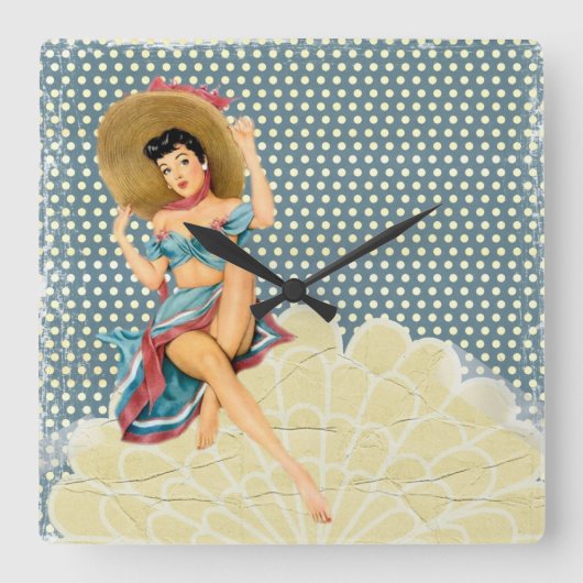 Retro Elegant Meisje Pinup Vierkante Klok (Voorkant)