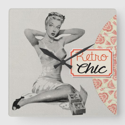 Retro Elegant Meisje Pinup Vierkante Klok (Voorkant)