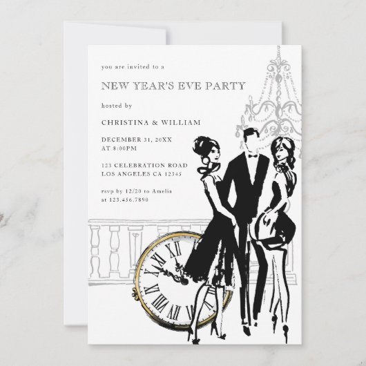 Retro Elegant Oudejaarsavond Feest Kaart (Voorkant)