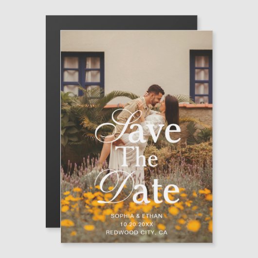 Retro Elegant Script Photo Wedding Save The Date Magnetische Uitnodiging (Voorkant / Achterkant)