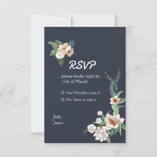 Retro Elegant White Flower Lijst Navy RSVP Kaartje (Voorkant)