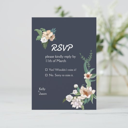 Retro Elegant White Flower Lijst Navy RSVP Kaartje (Staand voorkant)