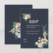 Retro Elegant White Flower Lijst Navy RSVP Kaartje (Voorkant / Achterkant)