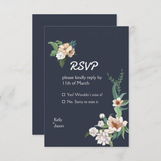 Retro Elegant White Flower Lijst Navy RSVP Kaartje (Voorkant / Achterkant)