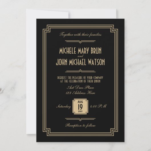 Retro Elegant Zwart Art Deco QR RSVP Bruiloft Kaart (Voorkant)