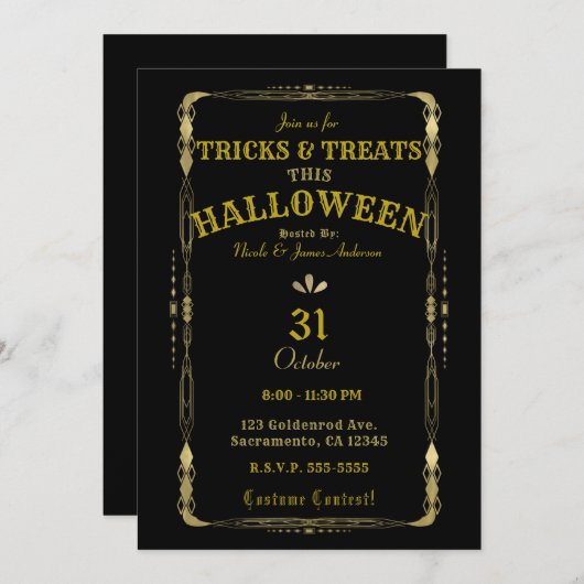 Retro Elegant Zwart & Goud Deco Halloween Kaart (Voorkant / Achterkant)