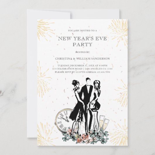 Retro Elegant Zwart Goud Oudejaarsavond Feest Kaart (Voorkant)