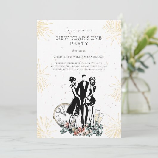 Retro Elegant Zwart Goud Oudejaarsavond Feest Kaart (Staand voorkant)