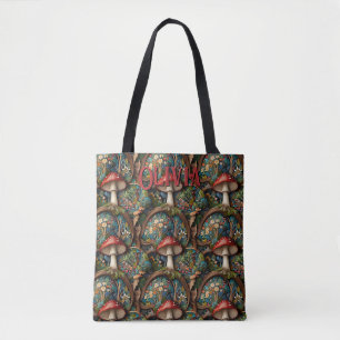 Retro elegante bohemian paddenstoel bospatroon tote bag
