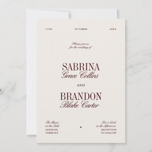 Retro Elegante Bourgogne & Ivoor Beige Huwelijk Kaart (Voorkant)