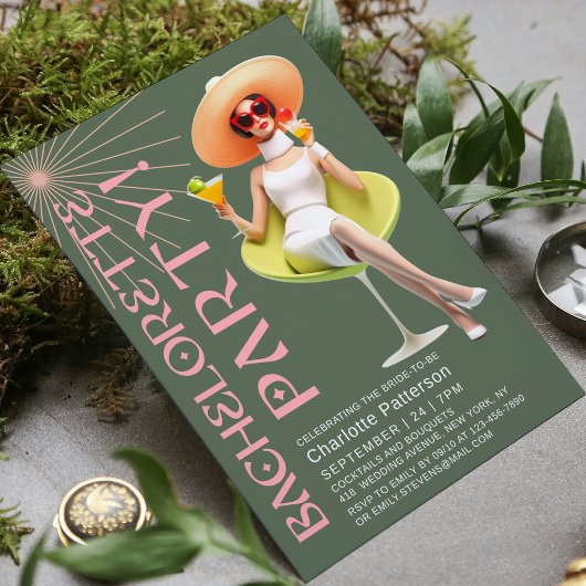 Retro Elegante Cocktails Bachelorette Party Kaart