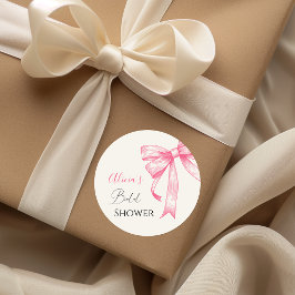 Retro Elegante Coquette Roze Strik Bruidsdouche Ronde Sticker