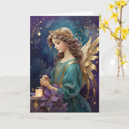  Retro Elegante Kerstengel Kaart (Gele Bloem)