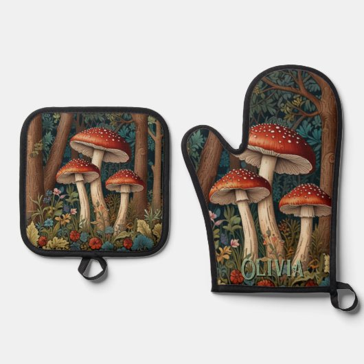 Retro elegante paddenstoelenbos ovenwant & pannenlap set (Voorkant)