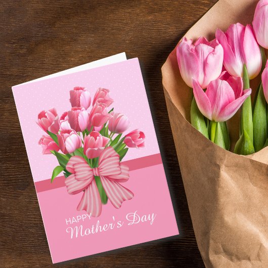 Retro Elegante Roze Tulp Met Lint Moederdag Kaart