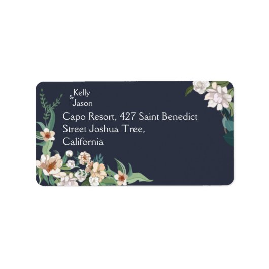 Retro Elegante witte Bloem Lijst Navy Achtergrond Etiket (Voorkant)