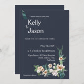 Retro Elegante witte Bloem Lijst Navy Achtergrond  Kaart (Voorkant / Achterkant)