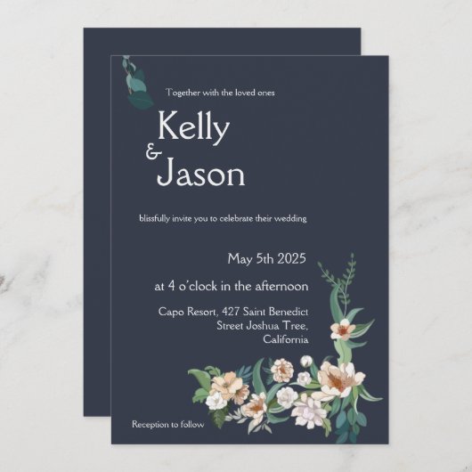 Retro Elegante witte Bloem Lijst Navy Achtergrond  Kaart (Voorkant / Achterkant)