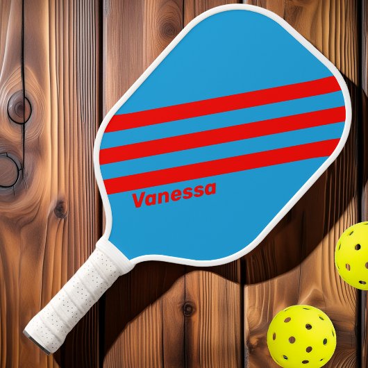 Retro Elektrisch Blauw Rood Drie Strepen Met Naam Pickleball Paddle
